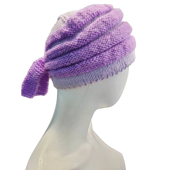 Hand Knit Purple Ribbed Hat Womens Adult Fall Winter - Picture 3 of 4
